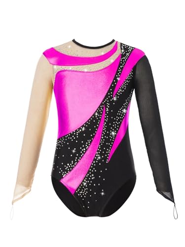 XIUsheUA Turnanzug Mädchen Kurzarm Mädchen Gymnastik Overall Tanzbekleidung Langarm Ballett Tanz Trikot Glänzend Eiskunstlauf Kostüm Übung Yoga Body(Dark Pink,10Y) von XIUsheUA