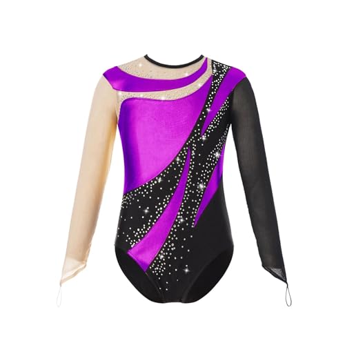 XIUsheUA Turnanzug Mädchen Kurzarm Mädchen Gymnastik Overall Tanzbekleidung Langarm Ballett Tanz Trikot Glänzend Eiskunstlauf Kostüm Übung Yoga Body(Purple,14Y) von XIUsheUA