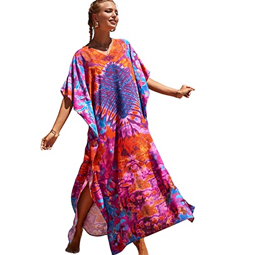 XIVISTO Damen Kaftan Kleider Maxi Lange Boho Lose Strandkleid Strandponcho Sommer V-Ausschnitt Freizeitkleid Bikini Cover Ups von XIVISTO