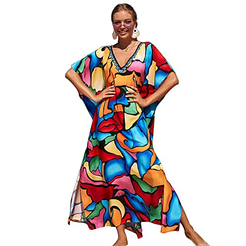 XIVISTO Damen Kaftan Kleider Maxi Lange Boho Lose Strandkleid Strandponcho Sommer V-Ausschnitt Freizeitkleid Bikini Cover Ups von XIVISTO