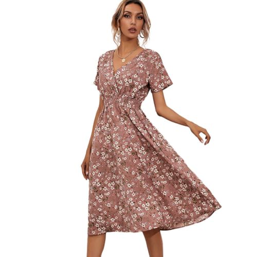 XIVISTO Damen Sommerkleid V-Ausschnitt Freizeitkleid Elegant Blumenmuster Kurzarm Strandkleid Hohe Taille Retro Wickelkleid Boho Swing Urlaub Midikleid von XIVISTO