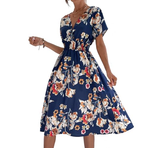 XIVISTO Damen Sommerkleid V-Ausschnitt Freizeitkleid Elegant Blumenmuster Kurzarm Strandkleid Hohe Taille Retro Wickelkleid Boho Swing Urlaub Midikleid von XIVISTO