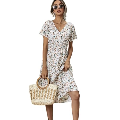 XIVISTO Damen Sommerkleid V-Ausschnitt Freizeitkleid Elegant Blumenmuster Kurzarm Strandkleid Hohe Taille Retro Wickelkleid Boho Swing Urlaub Midikleid von XIVISTO