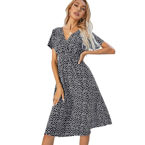 XIVISTO Damen Sommerkleid V-Ausschnitt Freizeitkleid Elegant Blumenmuster Kurzarm Strandkleid Hohe Taille Retro Wickelkleid Boho Swing Urlaub Midikleid von XIVISTO