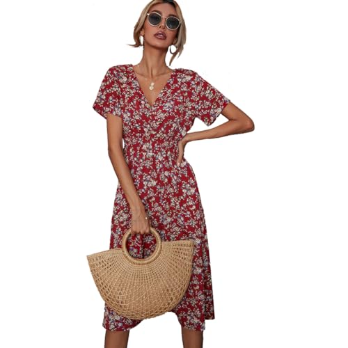 XIVISTO Damen Sommerkleid V-Ausschnitt Freizeitkleid Elegant Blumenmuster Kurzarm Strandkleid Hohe Taille Retro Wickelkleid Boho Swing Urlaub Midikleid von XIVISTO