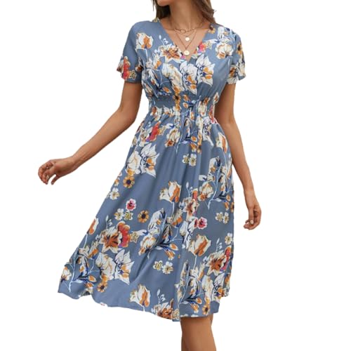 XIVISTO Damen Sommerkleider Elegant Midikleid Knielang Casual Blumenkleider Strandkleid Bohemian Cocktailkleid Partykleid V-Ausschnitt von XIVISTO