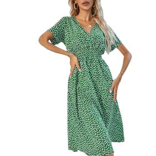 XIVISTO Damen Sommerkleider Elegant Midikleid Knielang Casual Blumenkleider Strandkleid Bohemian Cocktailkleid Partykleid V-Ausschnitt von XIVISTO
