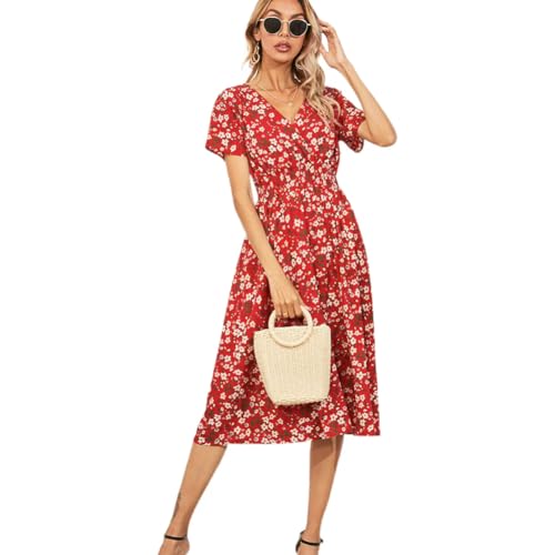 XIVISTO Damen Sommerkleider Elegant Midikleid Knielang Casual Blumenkleider Strandkleid Bohemian Cocktailkleid Partykleid V-Ausschnitt von XIVISTO