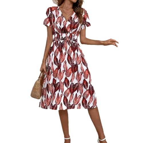 XIVISTO Damen Sommerkleider Elegant Midikleid Knielang Casual Blumenkleider Strandkleid Bohemian Cocktailkleid Partykleid V-Ausschnitt von XIVISTO