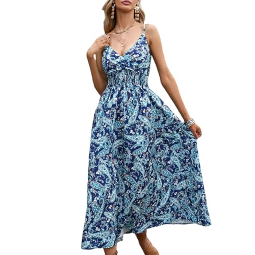 XIVISTO Lang Sommerkleid Damen V-Ausschnitt Boho Trägerkleid Freizeitkleid Blumendruck Kleider Hohe Taille Swing Urlaubs Strandkleid mit Verstellbarer Schultergurt von XIVISTO