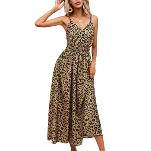 XIVISTO Lang Sommerkleid Damen V-Ausschnitt Boho Trägerkleid Freizeitkleid Blumendruck Kleider Hohe Taille Swing Urlaubs Strandkleid mit Verstellbarer Schultergurt von XIVISTO
