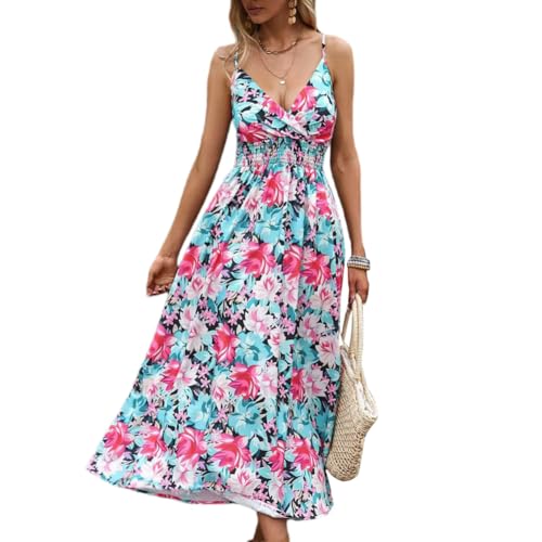 XIVISTO Lang Sommerkleid Damen V-Ausschnitt Boho Trägerkleid Freizeitkleid Blumendruck Kleider Hohe Taille Swing Urlaubs Strandkleid mit Verstellbarer Schultergurt von XIVISTO