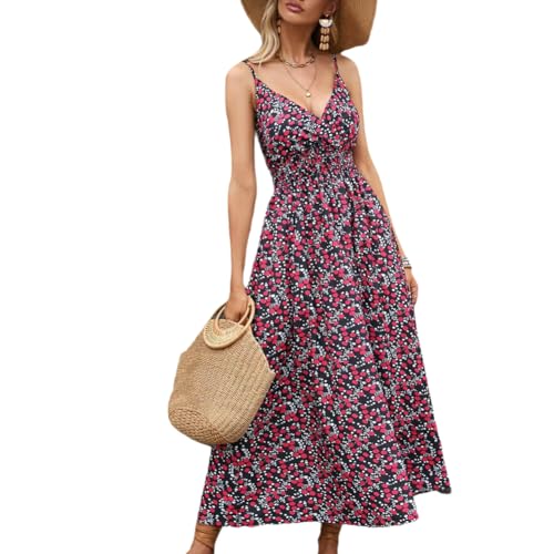XIVISTO Lang Sommerkleid Damen V-Ausschnitt Boho Trägerkleid Freizeitkleid Blumendruck Kleider Hohe Taille Swing Urlaubs Strandkleid mit Verstellbarer Schultergurt von XIVISTO