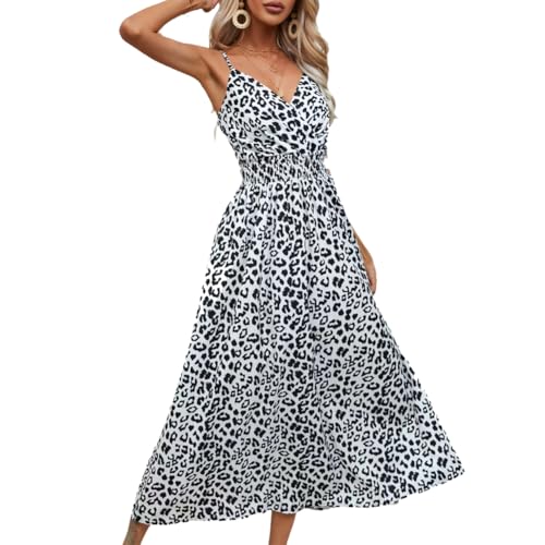 XIVISTO Sommerkleid Damen Lang Maxikleid V-Ausschnitt Boho Spaghettiträger Freizeitkleid Blumendruck Kleider Hohe Taille Swing Urlaubs Strandkleid mit Verstellbarer Schultergurt von XIVISTO
