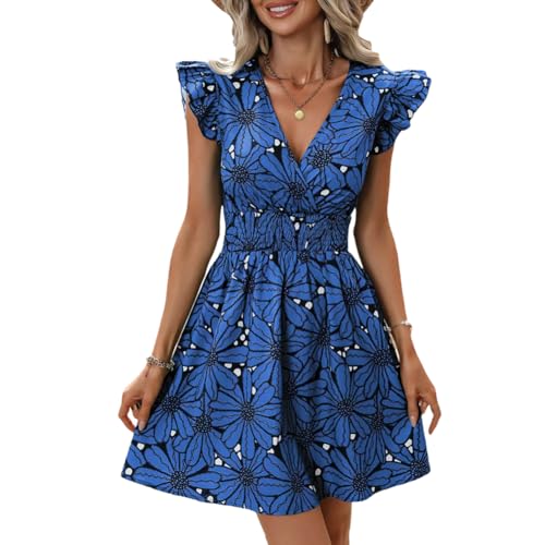 XIVISTO Sommerkleid Damen Elegant Blumenkleider Bohemian Strandkleid Rüschen Ärmel Mini Kleid A-Linie Freizeitkleid Swing mit V-Ausschnitt von XIVISTO