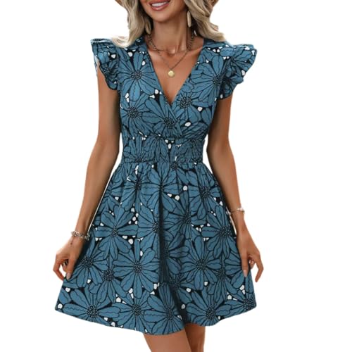 XIVISTO Sommerkleid Damen Elegant Blumenkleider Bohemian Strandkleid Rüschen Ärmel Mini Kleid A-Linie Freizeitkleid Swing mit V-Ausschnitt von XIVISTO