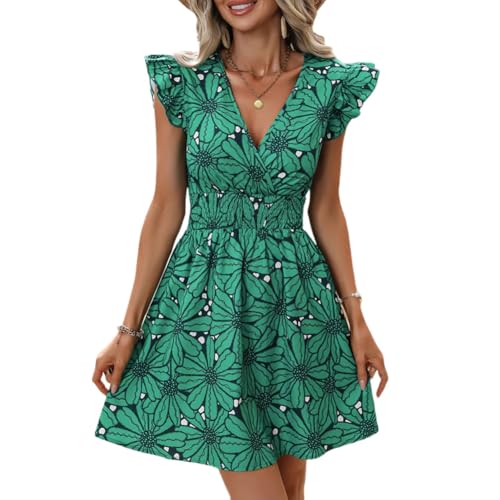 XIVISTO Sommerkleid Damen Elegant Blumenkleider Bohemian Strandkleid Rüschen Ärmel Mini Kleid A-Linie Freizeitkleid Swing mit V-Ausschnitt von XIVISTO