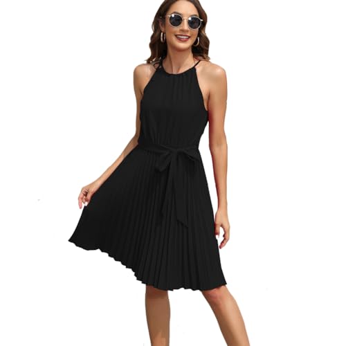 XIVISTO Sommerkleid Damen Kurze Strandkleider Neckholder Ärmelloses Freizeitkleid Rüsche A-Linie Boho Kleider mit Gürtel von XIVISTO