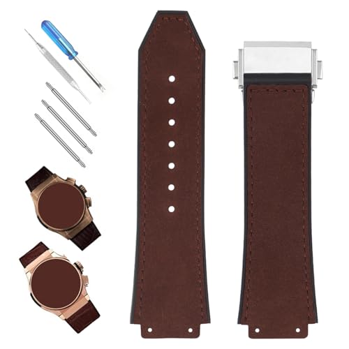 XIW Kompatibel mit 19 mm × 25 mm × 22 mm Hublot Big Bang Lederarmband mit Edelstahl-Schnalle, Ersatz für Herren, Silikon-Armband, Damenarmband, Braun von XIW