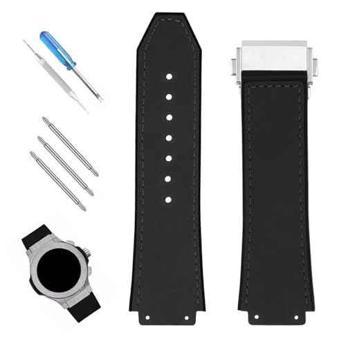 XIW Kompatibel mit 19 mm × 25 mm × 22 mm Hublot Big Bang Lederarmband mit Edelstahl-Schnalle, Ersatz für Herren, Silikon-Armband, Damenarmband, Schwarz XIW Kompatibel mit 19 mm × 25 mm × 22 mm Hublot Big Bang Lederarmband mit Edelstahl-Schnalle, Ersatz für Herren, Silikon-Armband, Damenarmband, Schwarz von XIW