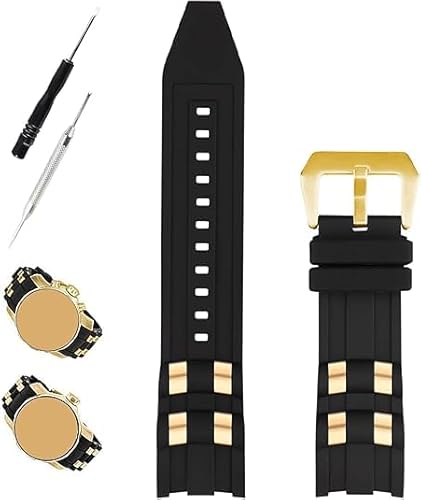 XIW Kompatibel mit 26 mm Invicta Pro Diver Gummi-Uhrenarmband mit silberfarben/goldenem Einsatz, Ersatz für Herren, Silikon-Armband für Damen, Schwarzes Band, goldene Schnalle, 26mm, Classic von XIW