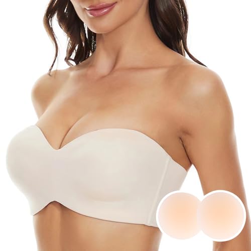 Trägerloser BH Push Up Bandeau BH ohne Träger Bandeau Top Damen Bralette mit Rutschfester Silikon Transparente Träger Soft Seamless Strapless Bra (Nude, 34/75BCD) von XIWCAFC