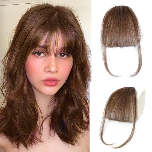 XIWCAFC Clip in Pony 100% Haarteil Echthaar Clip in Bangs mit Schläfen Remy Echthaar Fringe Bangs für Frauen Pony Extension Echthaar Haarverlängerung für das tägliche Tragen (Braun) von XIWCAFC