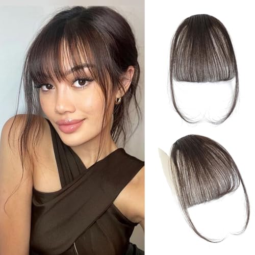 XIWCAFC Clip in Pony 100% Haarteil Echthaar Clip in Bangs mit Schläfen Remy Echthaar Fringe Bangs für Frauen Pony Extension Echthaar Haarverlängerung für das tägliche Tragen (Dunkelbraun) von XIWCAFC