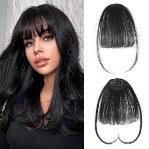 XIWCAFC Clip in Pony 100% Haarteil Echthaar Clip in Bangs mit Schläfen Remy Echthaar Fringe Bangs für Frauen Pony Extension Echthaar Haarverlängerung für das tägliche Tragen (Naturschwarz) von XIWCAFC