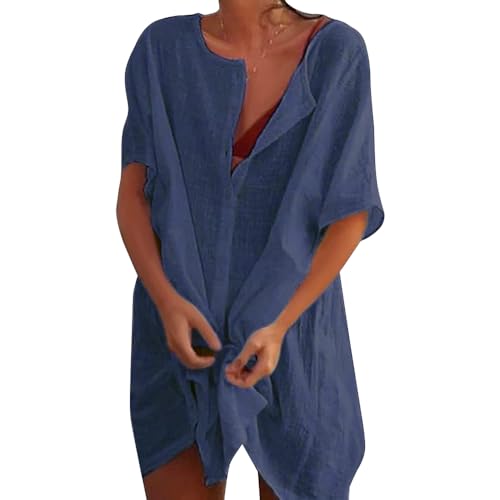 XIWCAFC Damen Strandkleid Bikini Cover Up Sommer Badeanzug Strandtunika Beach Strandponcho Pareos mit Rund Ausschnitt Knopfleiste Kurzarm Sommerkleid Locker Bademode Vertuschen Shirt von XIWCAFC