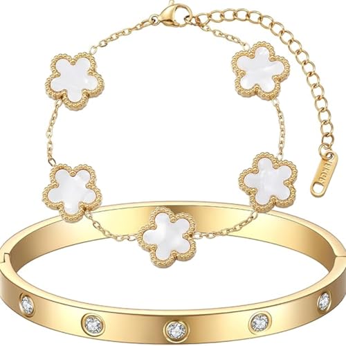 XIWCAFC Kleeblatt Armband Damen 18K Vergoldet Vierblättriges Kleeblatt Armbander Gold Armband Set Cubic Zirkonia Armreif 2 Stück Schmuck Set für Frauen Geschenke Geburtstags (Weiß) von XIWCAFC