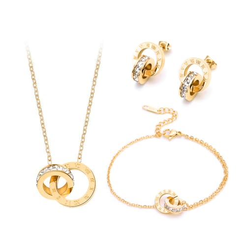 XIWCAFC SchmuckSet Silber Damen Doppelring Halskette Ohrringe Armband Schmuck sets Rosegold Zirkonia Kette Brautschmuck für Frau Freundin Mutter Tochter Geschenk (Gold) von XIWCAFC