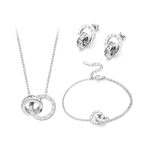 XIWCAFC SchmuckSet Silber Damen Doppelring Halskette Ohrringe Armband Schmuck sets Rosegold Zirkonia Kette Brautschmuck für Frau Freundin Mutter Tochter Geschenk (Silber) von XIWCAFC