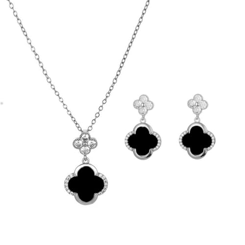 XIWCAFC Vierblättriges Kleeblatt Schmuckset für Damen Gold Plated Titan Edelstahl Schwarz Weiß Glücksklee Anhänger Halskette und Ohrringe Set Hypoallergen Zierliche Schmuck Set für Mädchen (B-Silber) von XIWCAFC