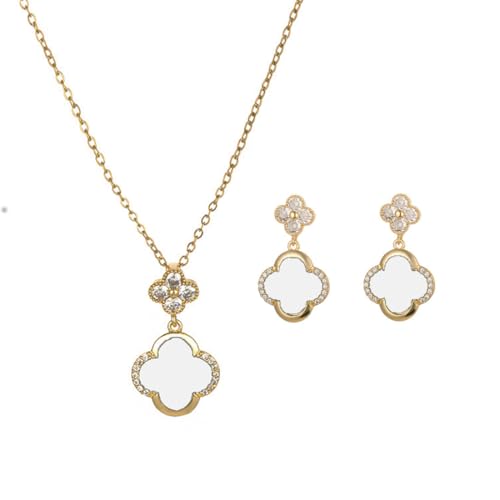 XIWCAFC Vierblättriges Kleeblatt Schmuckset für Damen Gold Plated Titan Edelstahl Schwarz Weiß Glücksklee Anhänger Halskette und Ohrringe Set Hypoallergen Zierliche Schmuck Set für Mädchen (W-Gold) von XIWCAFC