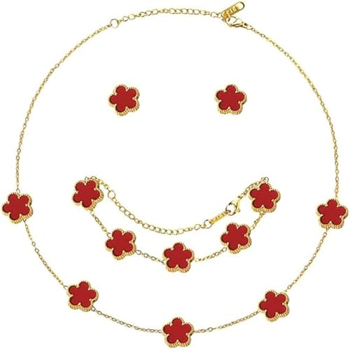 XIWCAFC Vierblättriges Kleeblatt Schmuckset für Damen und Mädchen 18 Karat Vergoldet Edelstahl Zweiseitig Anhänger Halskette Ohrstecker Armband Schmuck Set für Jewelry Geschenk Geburtstag (Rot) von XIWCAFC