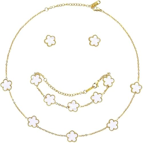 XIWCAFC Vierblättriges Kleeblatt Schmuckset für Damen und Mädchen 18 Karat Vergoldet Edelstahl Zweiseitig Anhänger Halskette Ohrstecker Armband Schmuck Set für Jewelry Geschenk Geburtstag (Weiß) XIWCAFC Vierblättriges Kleeblatt Schmuckset für Damen und Mädchen 18 Karat Vergoldet Edelstahl Zweiseitig Anhänger Halskette Ohrstecker Armband Schmuck Set für Jewelry Geschenk Geburtstag (Weiß) von XIWCAFC