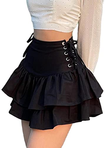 XIWUKOD Damen Mädchen Hohe Taille Plissee Minirock Einfarbig Schuluniform Skater Tennis Schwarz Cross Rock Punk Goth Shorts mit Gürtel, Stufenrock, Mittel von XIWUKOD