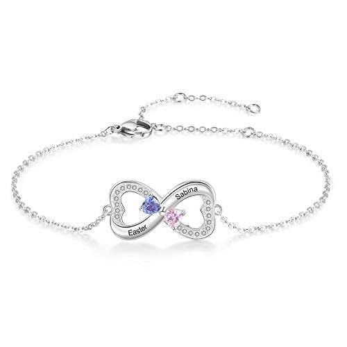 XiXi Personalisierte Armband Silber 925 mit 1/2/3 Namen und Geburtsstein Gravur Einstellbar Herz Armbänder für Mutter Tochter Damen Geschenk für Valentinstag Geburtstag Muttertag (2 Herz) von XiXi