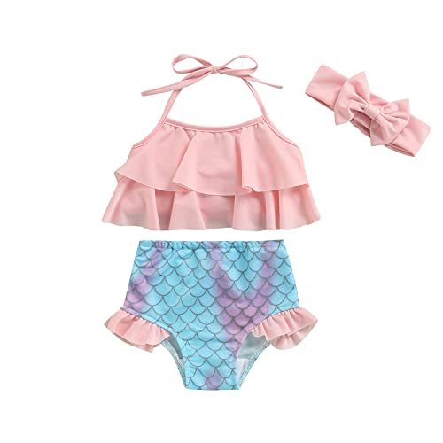 3-teiliges Meerjungfrau-Badeanzug, für Babys, Mädchen, Bikini-Set, Tankini, Crop-Top, Rüschen, Halterneck und Höschen mit Haarband, Rosa, Blau., 68 von XIXIMAON