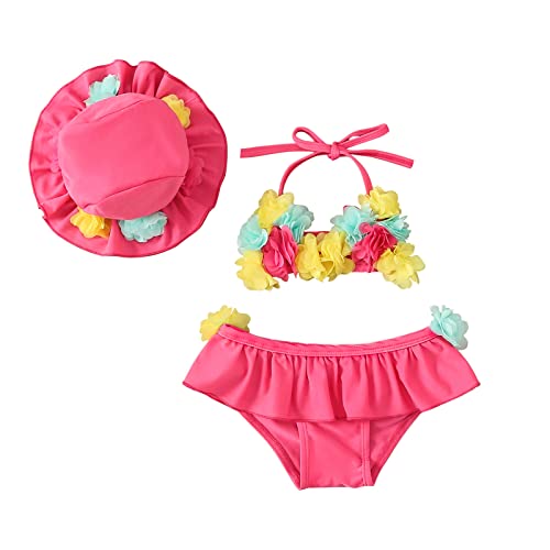 Baby Bikini Set Mädchen Bikini Bademode mit Blumen Kleinkind 3 Teilige Badeanzug 0-24 Monate Neckholder Krawatte Oberteile + Rüschen Shorts mit hoher Taille + Hut Sonnenschutz (Rosa , 6-12 Months ) von XIXIMAON