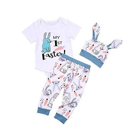 XIXIMAON 3-teiliges Set für Neugeborene, Sommerkleidung, Oster-Outfits, Mein erstes Ostern, Kaninchen, Strampler gestreift, blau, 0-6 Monate von XIXIMAON