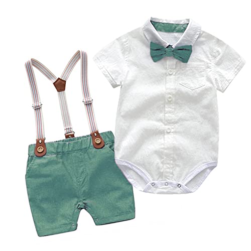 XIXIMAON Baby Jungen Anzug Gentleman 2pcs Kleidung Set Neugeborene Bekleidungssets Sommer Kurzarm Strampler Hemd Body mit Fliege + Hosenträger Shorts für Taufe Hochzeit Festliche (Grün, 18-24 Monate) von XIXIMAON