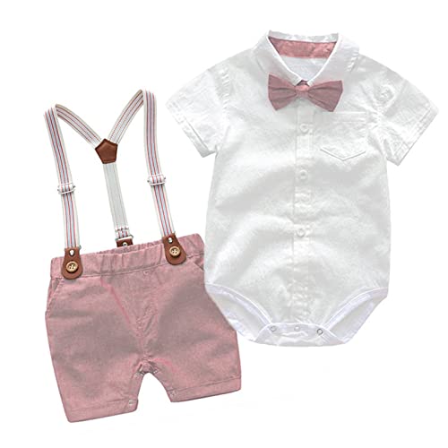 XIXIMAON Baby Jungen Anzug Gentleman 2pcs Kleidung Set Neugeborene Bekleidungssets Sommer Kurzarm Strampler Hemd Body mit Fliege + Hosenträger Shorts für Taufe Hochzeit Festliche (Rosa, 12-18 Monate) von XIXIMAON