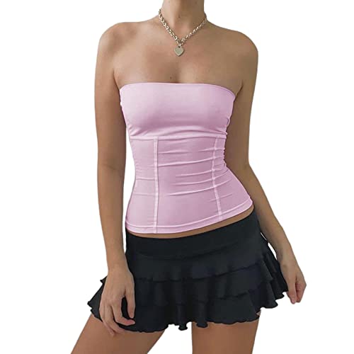 XIXIMAON Bandeau Tube Top Damen Top Kurz Rückenfrei Sexy T-Shirt Caraco ohne Träger Tank Top Ärmellos Y2K Crop Top Bustier einfarbig, Rosa, Small von XIXIMAON