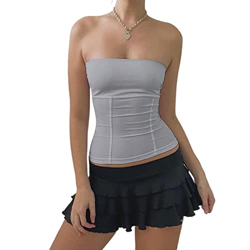 XIXIMAON Bandeau Tube Top Damen Top Kurz Rückenfrei Sexy T-Shirt Caraco ohne Träger Tank Top Ärmellos Y2K Crop Top Bustier einfarbig, grau, Small von XIXIMAON