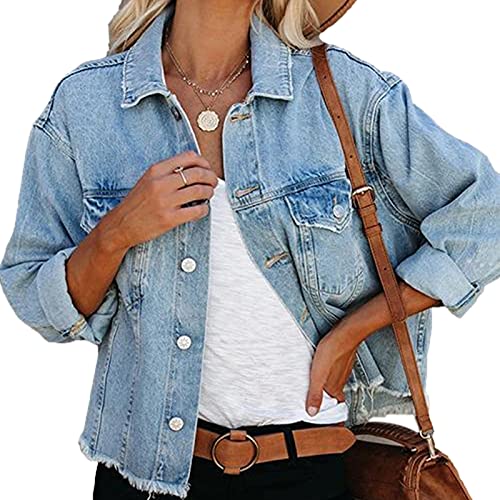 XIXIMAON Damen Jeansjacke mit Langen Ärmeln Jacken mit Taschen für Herbst und Winter Denim-Jacke mit Knopfleiste und Gebrochenem Saum für Teenager (L, Blau) von XIXIMAON