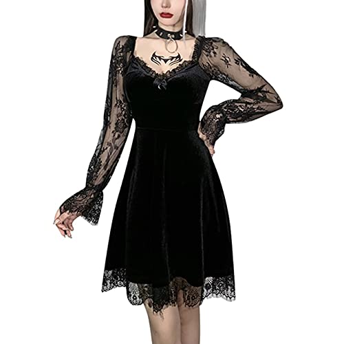 XIXIMAON Damen Punk Gothic Kleid Schwarz Retro Grunge Layered Schnürkleid Gothic Lolita Kleid Schwarz Retro Grunge Layered Schnürkleid, Schwarz , Small von XIXIMAON