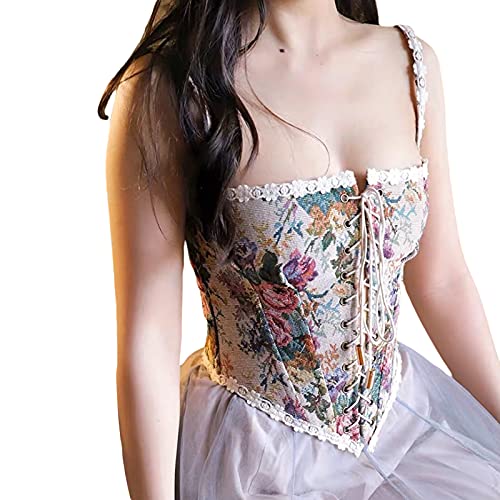 XIXIMAON Frauen Spitze Retro Korsett Bustier Tie Up Front Vintage Blumendruck Crop Dessous Stickerei Overbust Korsett Top, Farbenfroh, 36 von XIXIMAON