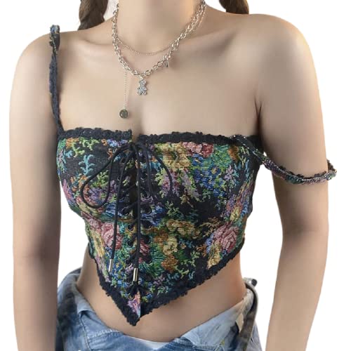 XIXIMAON Frauen Spitze Retro Korsett Bustier Tie Up Front Vintage Blumendruck Crop Dessous Stickerei Overbust Korsett Top, Schwarz , 36 von XIXIMAON